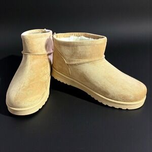 SO Goods for Life Womens Mini Ankle Boots Tan Faux Suede Faux Fur Lined Size 10